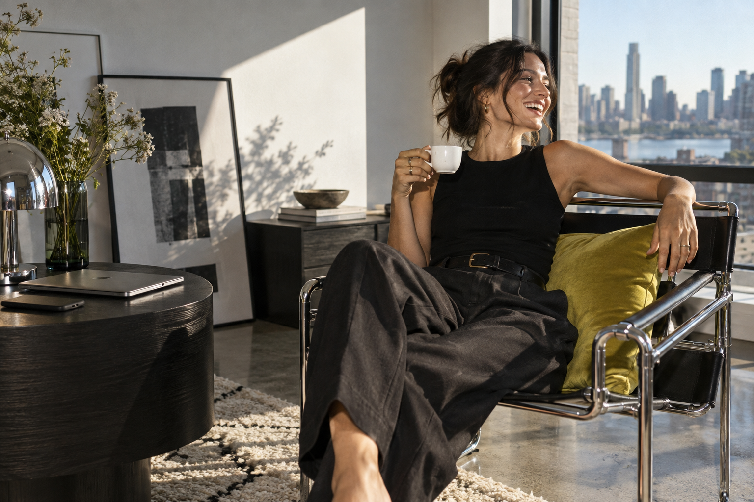 Editorial illustration of a creator enjoying coffee away from her laptop